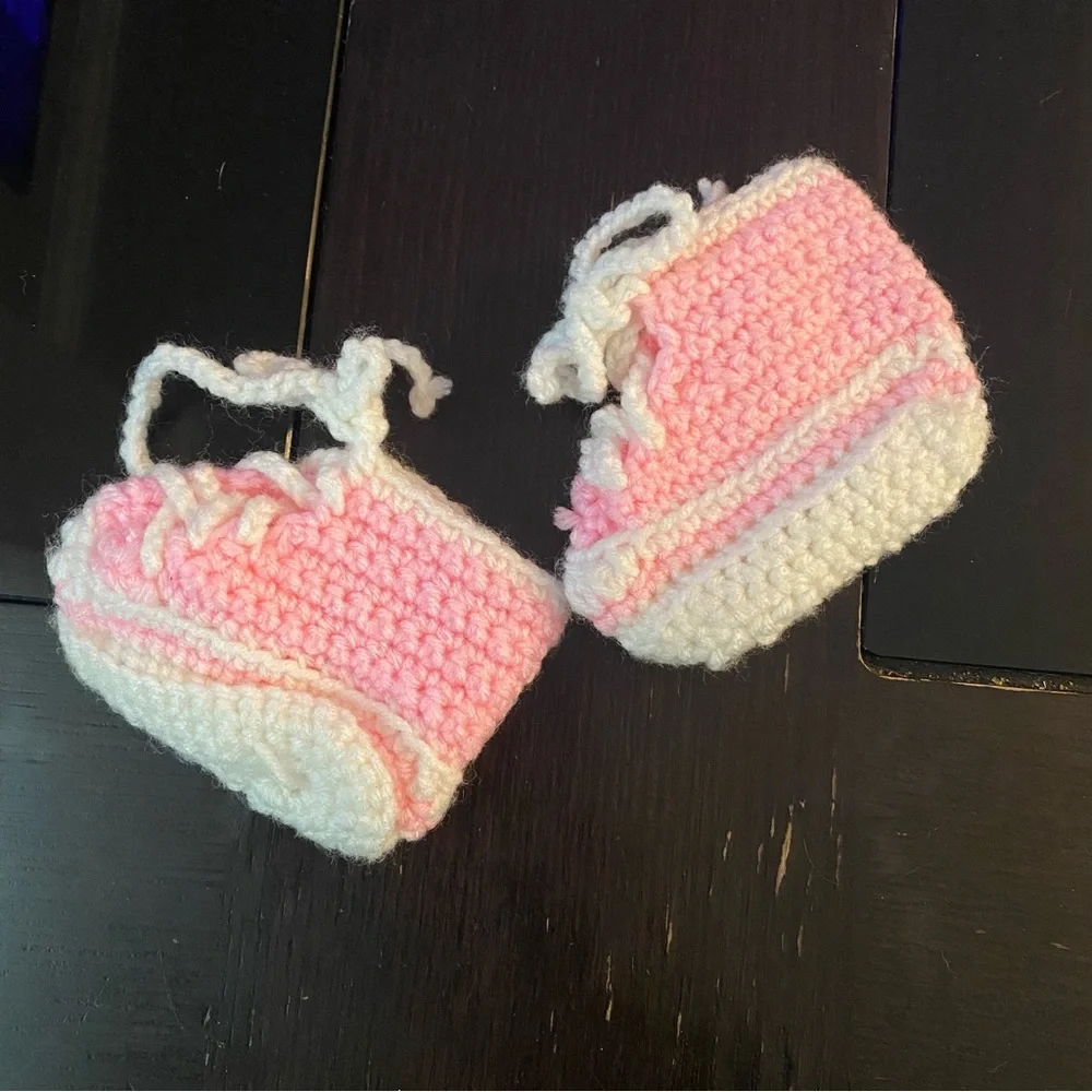 Crochet Baby Bootie Sneakers Pink and White Hand Knit Baby Girl Baby Shower Gift